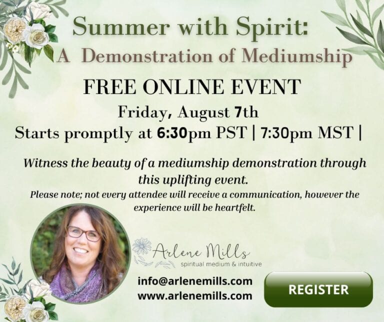 Green advertisement for Arlene demo with white flowers in corners